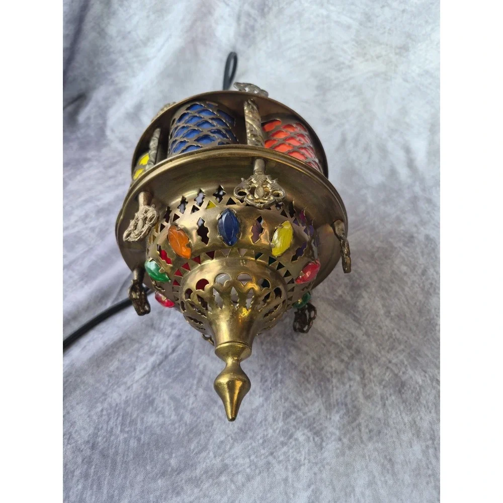 Vintage Moroccan Hanging Lamp Boho Swag Light Pierced Metal Color Glass